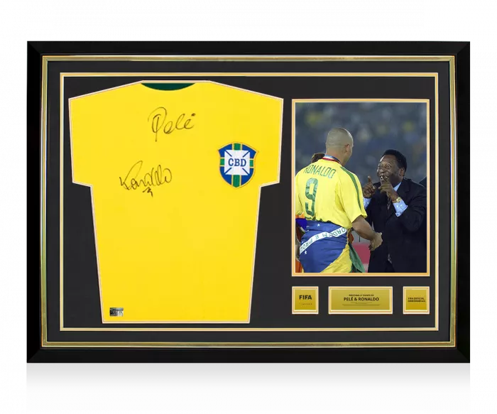 icons Ronaldo & Pele Official FIFA World Cup™ Front Signed and Hero Framed Retro Brazil Home Shirt