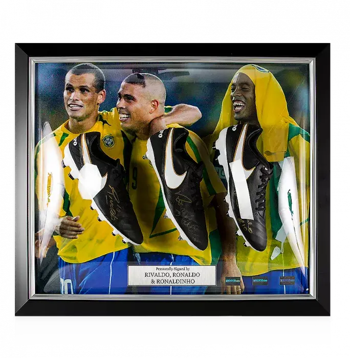 icons Ronaldo Ronaldinho & Rivaldo Signed Nike Boot Brazil Master Frame