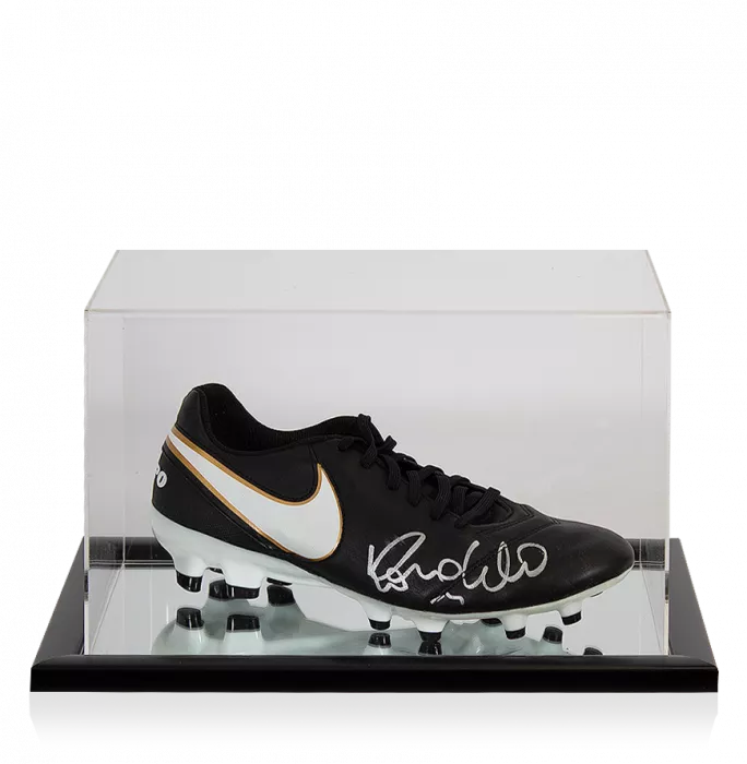 icons Ronaldo Signed Black Nike Tiempo Boot In Acrylic Case