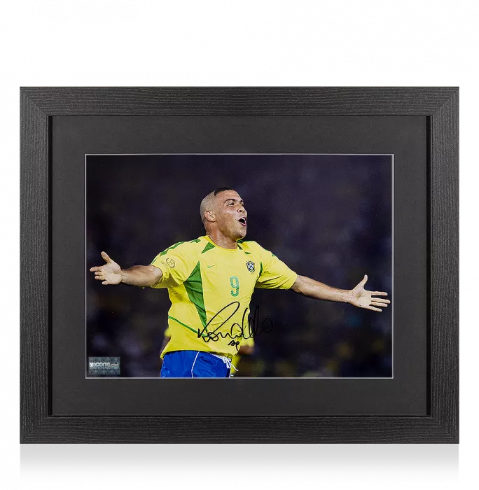 icons Ronaldo Signed Brazil Photo In Black Wooden Frame: 2002 FIFA World Cup Final Goal