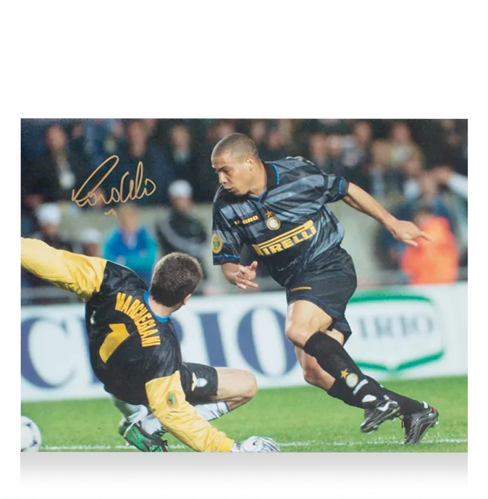 Icons Ronaldo Signed Internazionale Photo In Black Wooden Frame: 1998 UEFA Cup Final Goal