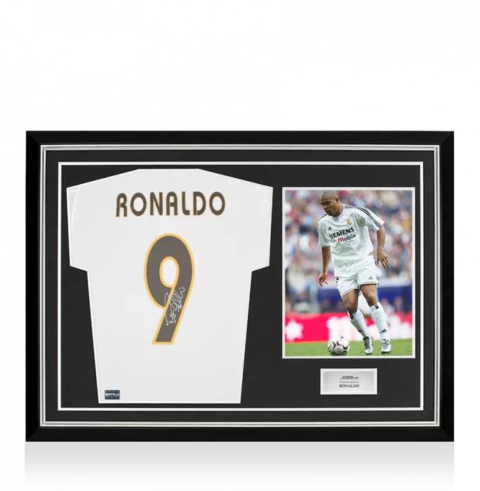 icons Ronaldo Signed Modern Real Madrid Home Shirt With Fan Style Number In Hero Frame: Option 1
