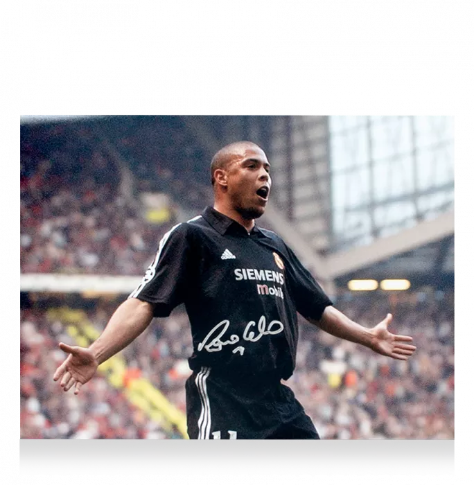 Icons Ronaldo Signed Real Madrid CF Photo In Black Wooden Frame: Iconic Old Trafford Hat-trick