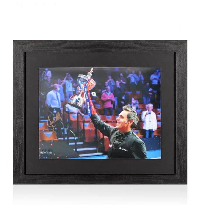Icons Ronnie O'Sullivan Signed Photo In Black Wooden Frame: Holding Trophy Overhead
