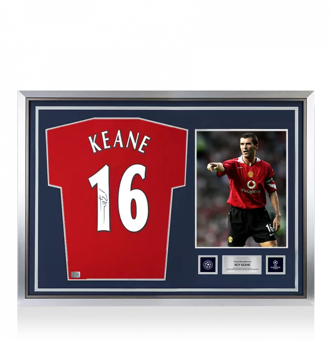 Icons Roy Keane Official UEFA Champions League Back Signed And Hero Framed Manchester United 2022-23 Home Shirt With Fan Style Numbers