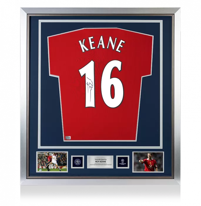 icons Roy Keane Official UEFA Champions League Back Signed and Framed Manchester United 2022-23 Home Shirt with Fan Style Numbers