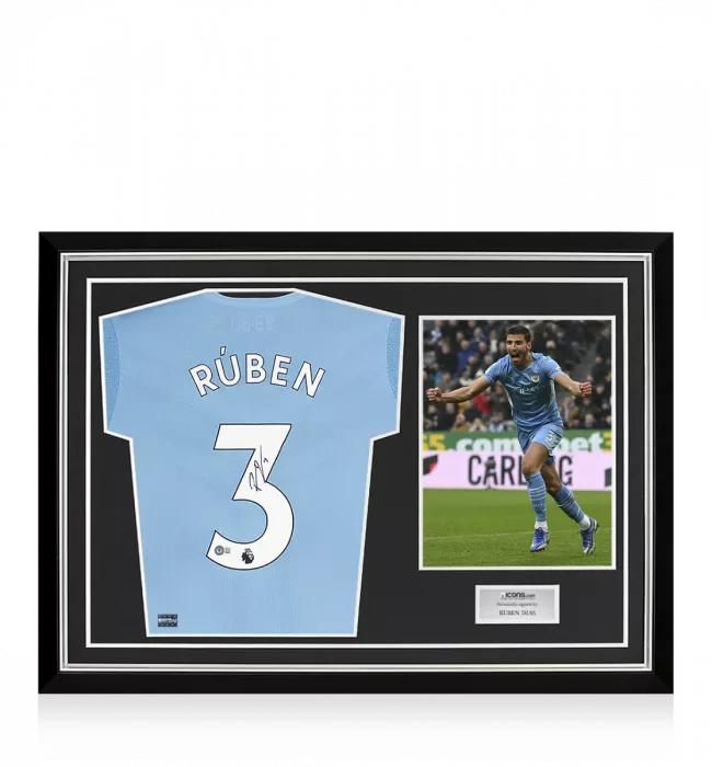 icons Ruben Dias Back Signed Manchester City 2021-22 Home Shirt In Hero Frame: Option 1