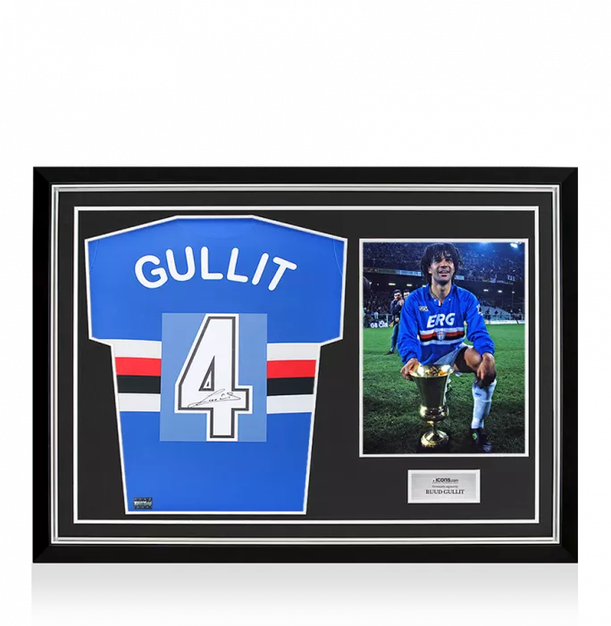 icons Ruud Gullit Back Signed Sampdoria Home Shirt with Fan Style Numbers In Hero Frame: Option 1