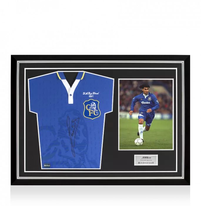 icons Ruud Gullit Front Signed Retro Chelsea Home Shirt: 1997 FA Cup Final Edition Home Shirt In Hero Frame: Option 1