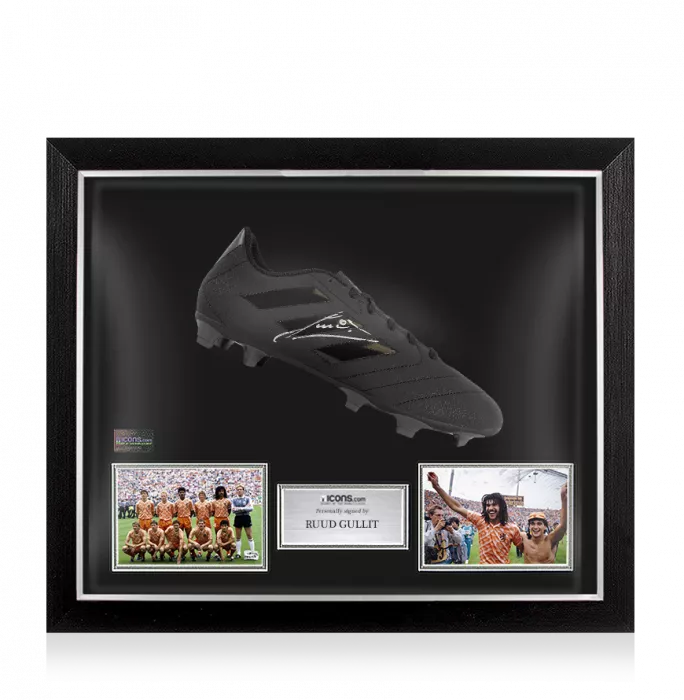 icons Ruud Gullit Signed Black Adidas Blackout Boot In Bubble Frame: Netherlands