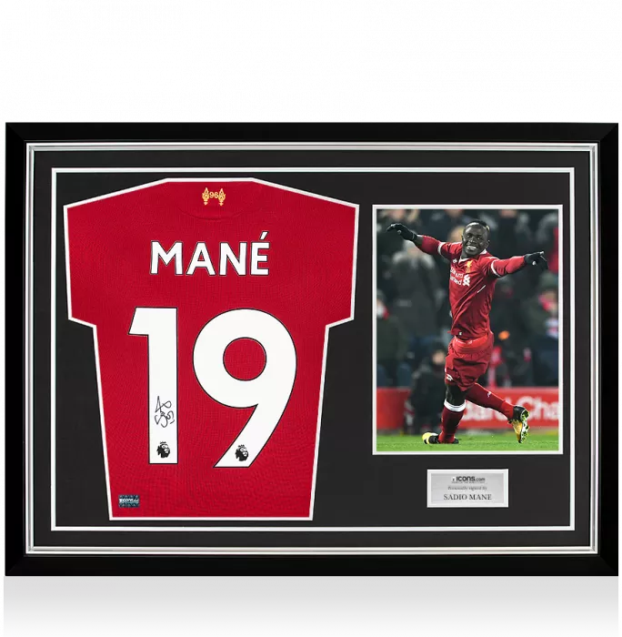 icons Sadio Mane Back Signed Liverpool 2017-18 Home Shirt In Hero Frame: Option 1