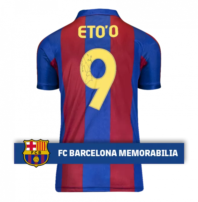 Icons Samuel Eto’o Official FC Barcelona Back Signed And Framed Retro Home Shirt
