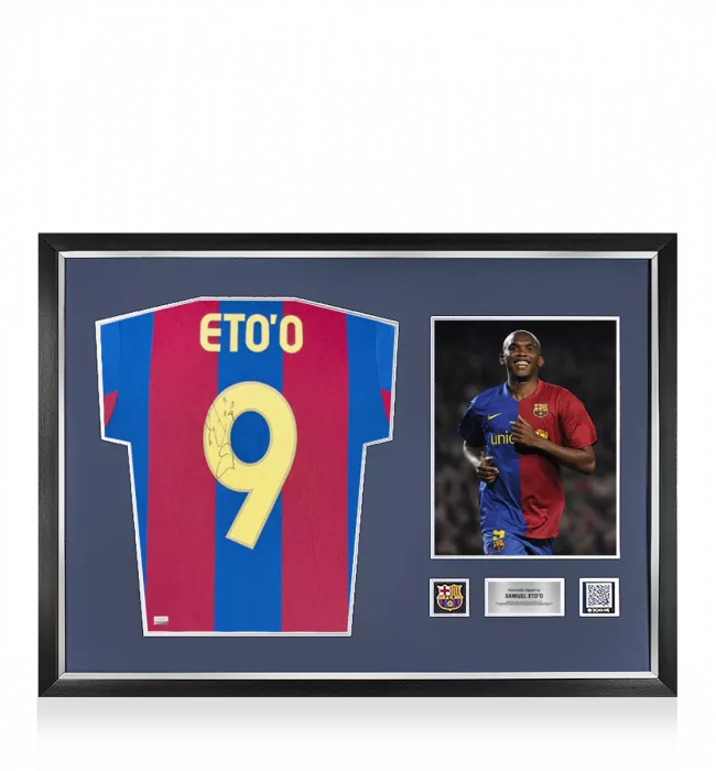 icons Samuel Eto’o Official FC Barcelona Back Signed and Framed Retro Home Shirt