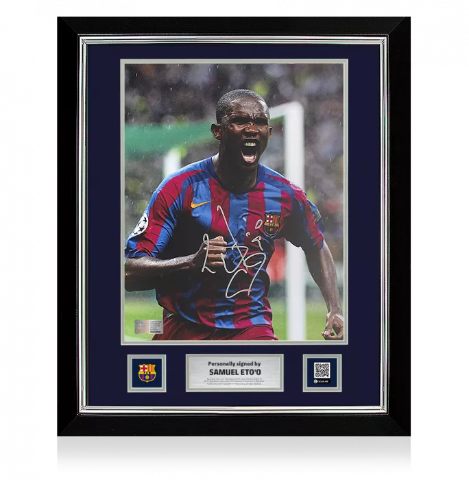 icons Samuel Eto’o Official FC Barcelona Signed and Framed Photo: 2006 UEFA Champions League Final Goal