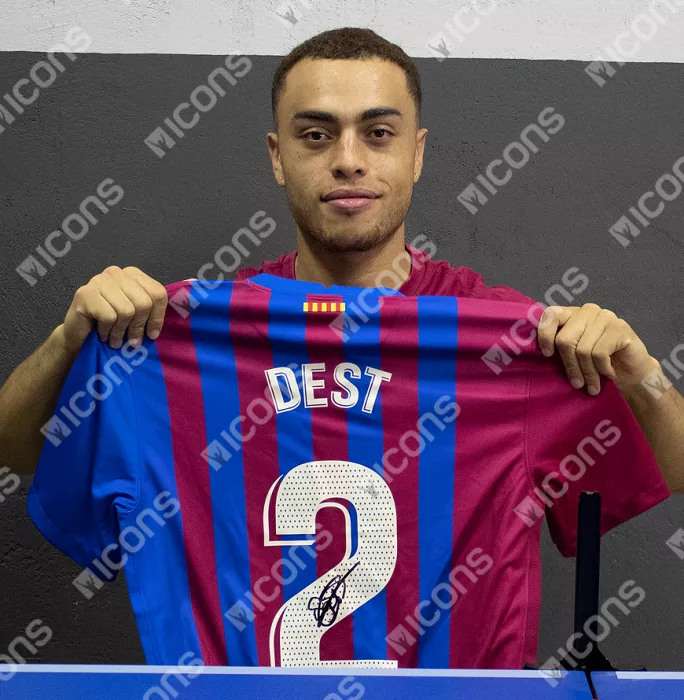 Icons Sergino Dest Official FC Barcelona Back Signed And Framed 2021-22 Home Shirt