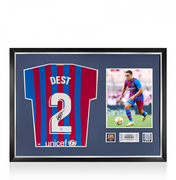 icons Sergino Dest Official FC Barcelona Back Signed and Framed 2021-22 Home Shirt
