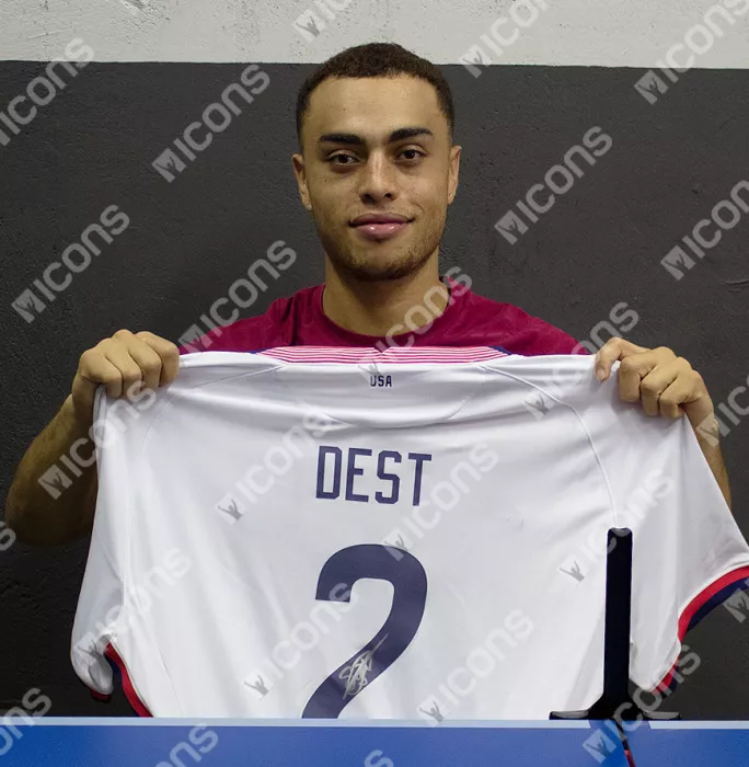 Icons Sergino Dest Official FIFA World Cup™ Back Signed And Framed USMNT 2020-21 Home Shirt With Fan Style Numbers