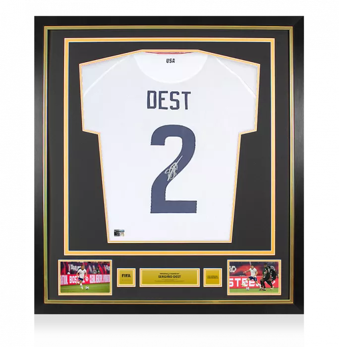 icons Sergino Dest Official FIFA World Cup™ Back Signed and Framed USMNT 2020-21 Home Shirt with Fan Style Numbers
