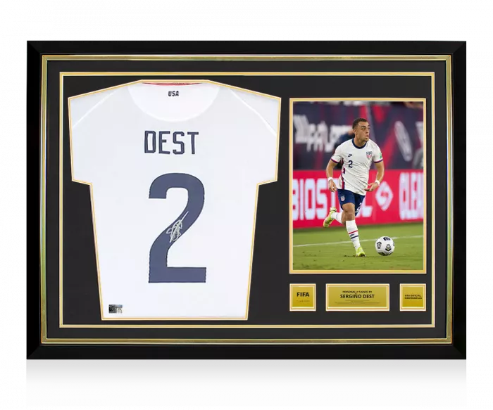 icons Sergino Dest Official FIFA World Cup™ Back Signed and Hero Framed USMNT 2020-21 Home Shirt with Fan Style Numbers