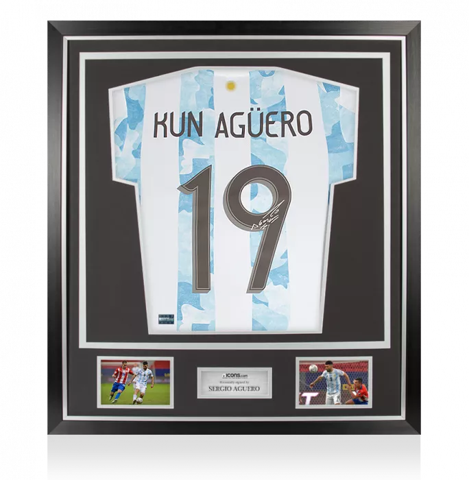 Icons Sergio Aguero Back Signed Argentina 2020-21 Home Shirt In Classic Frame
