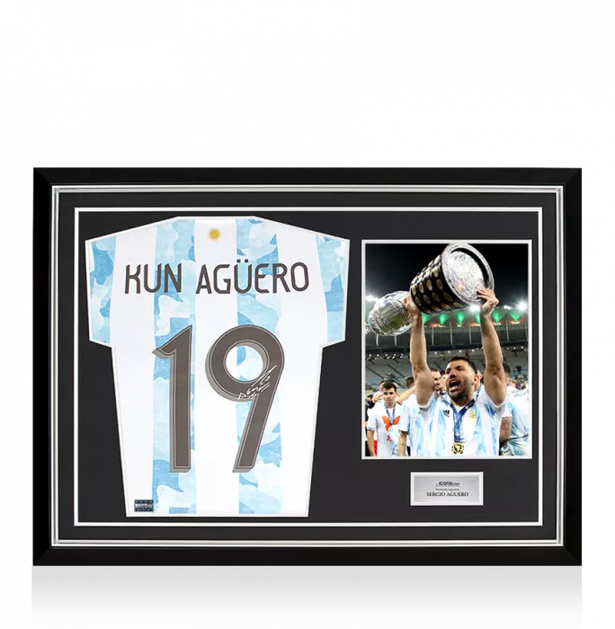 icons Sergio Aguero Back Signed Argentina 2020-21 Home Shirt In Hero Frame: Option 1