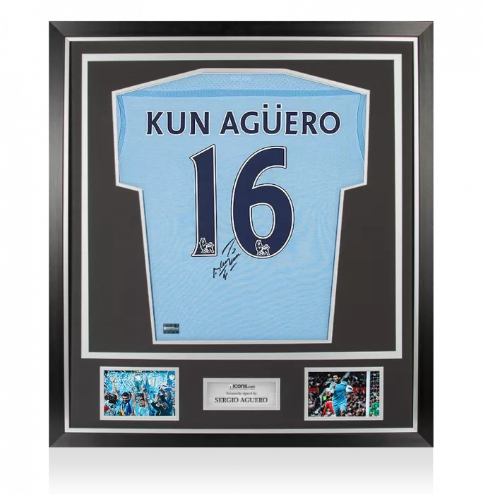 icons Sergio Aguero Back Signed Manchester City 2011-12 Home Shirt In Classic Frame