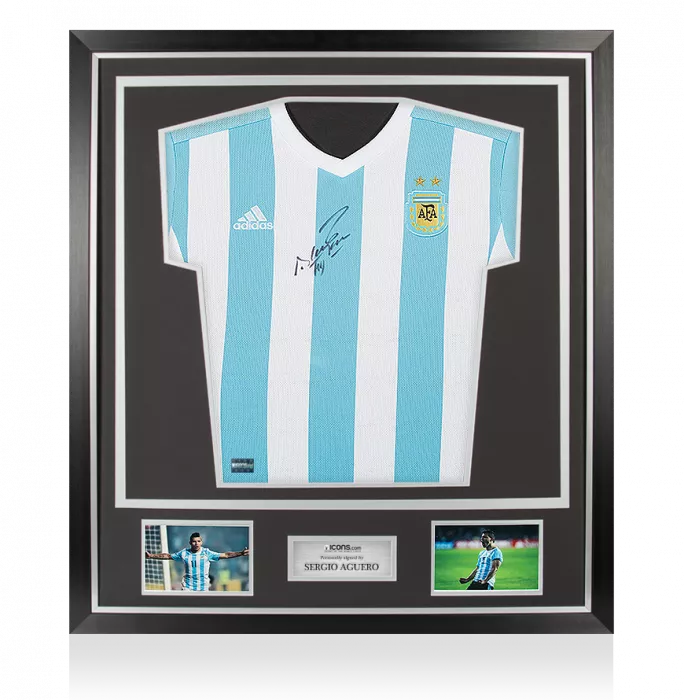 Icons Sergio Aguero Front Signed Argentina 2015-16 Home Shirt In Classic Frame