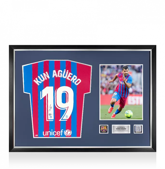 Icons Sergio Aguero Official FC Barcelona Back Signed And Framed 2021-22 Home Shirt