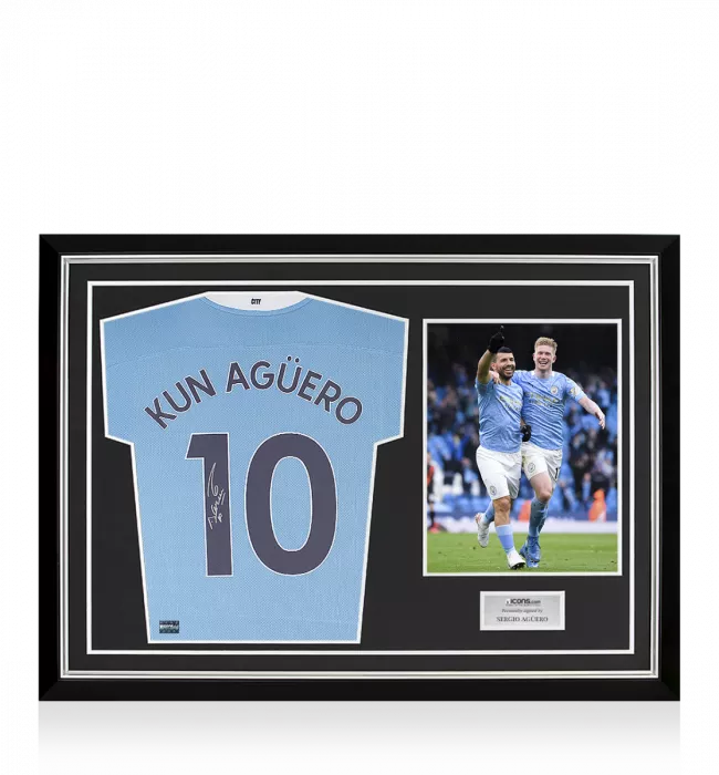 icons Sergio Aguero Signed Manchester City 2020-21 Home Shirt In Hero Frame: Option 1