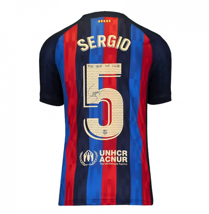 Icons Sergio Busquets Back Signed FC Barcelona 2022-23 Home Shirt - "Mes Que Un Club" Inscription In Hero Frame: Option 1