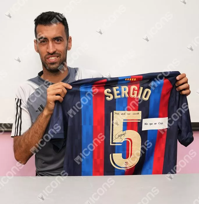 Icons Sergio Busquets Back Signed FC Barcelona 2022-23 Home Shirt - "Mes Que Un Club" Inscription In Hero Frame: Option 1