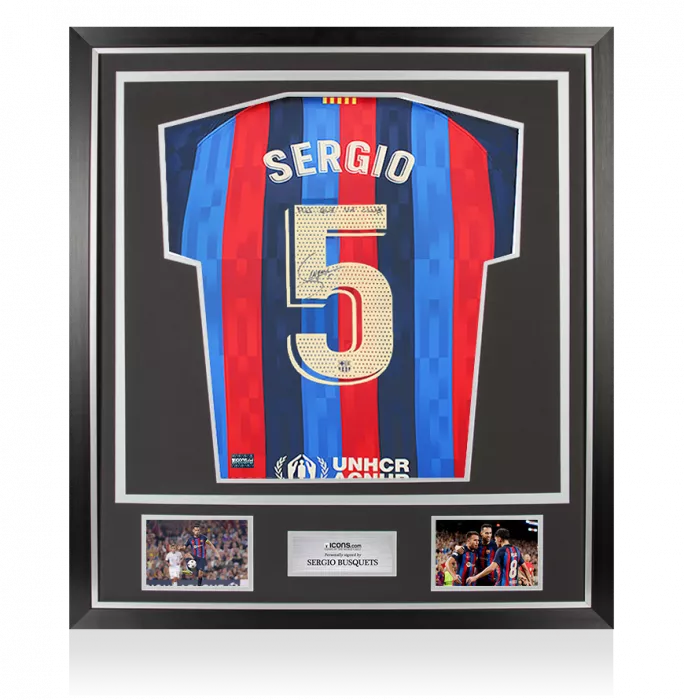 icons Sergio Busquets Back Signed FC Barcelona 2022-23 Home Shirt - "Mes Que Un Club" Inscription In Classic Frame