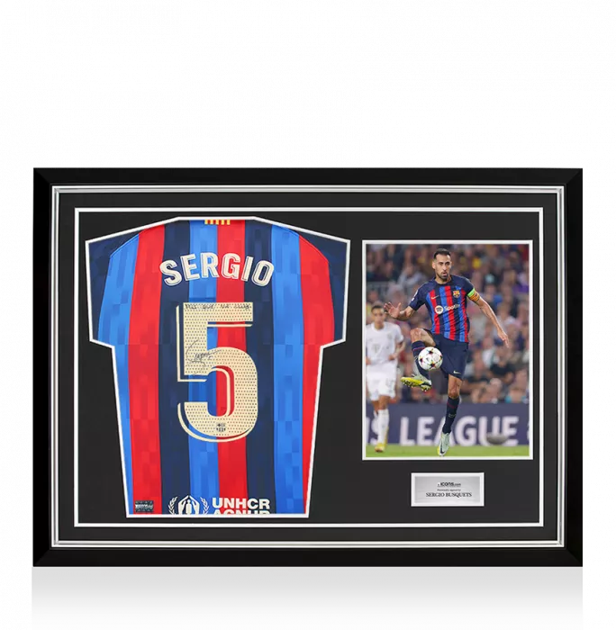 icons Sergio Busquets Back Signed FC Barcelona 2022-23 Home Shirt - "Mes Que Un Club" Inscription In Hero Frame: Option 1