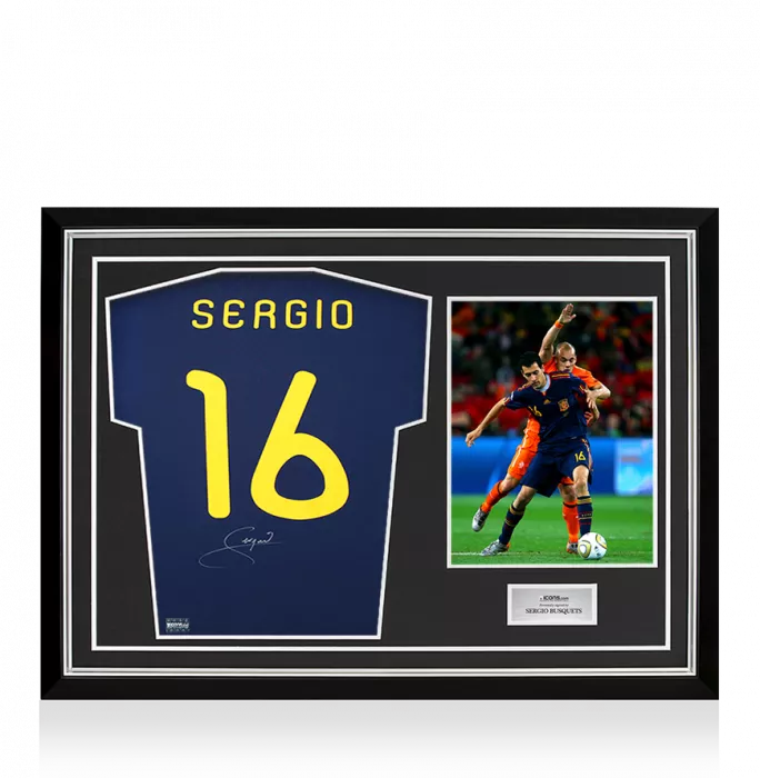icons Sergio Busquets Back Signed Spain 2010 Away Shirt In Hero Frame: Option 1