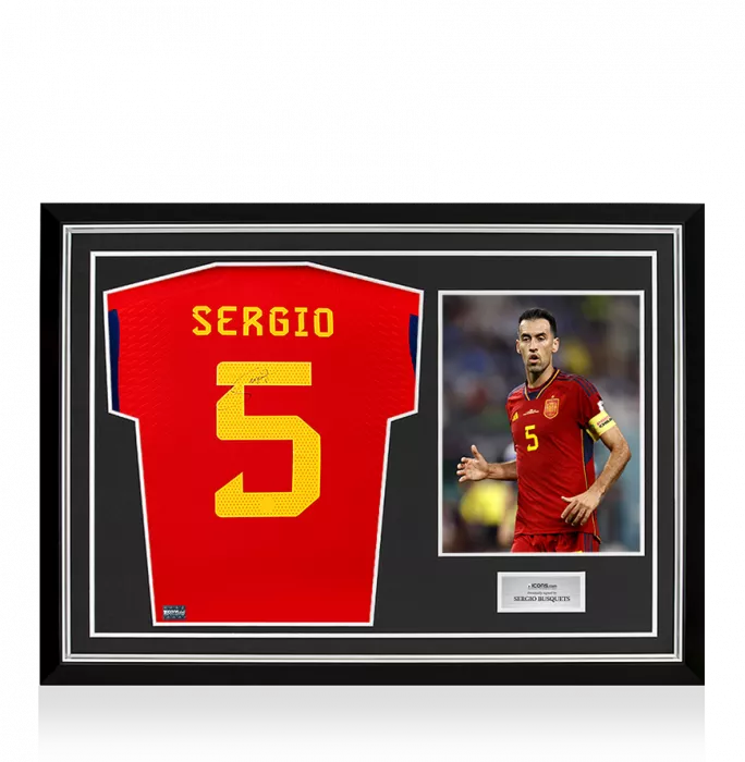 icons Sergio Busquets Back Signed Spain 2022-23 Home Shirt In Hero Frame: Option 1
