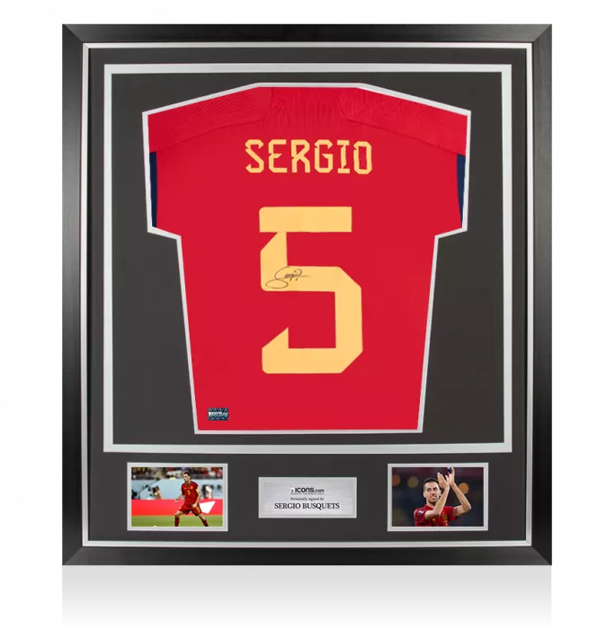 icons Sergio Busquets Back Signed Spain 2022-23 Home Shirt With Fan Style Number In Classic Frame