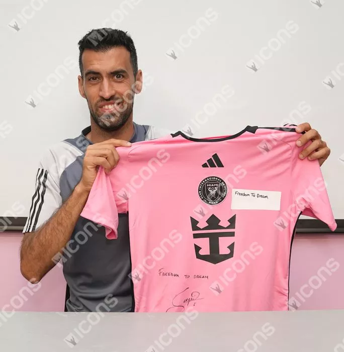 Icons Sergio Busquets Front Signed Inter Miami CF 2024-25 Home Shirt - "Freedom To Dream" Inscription In Classic Frame