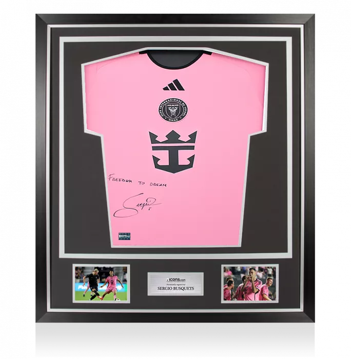 Icons Sergio Busquets Front Signed Inter Miami CF 2024-25 Home Shirt - "Freedom To Dream" Inscription In Classic Frame
