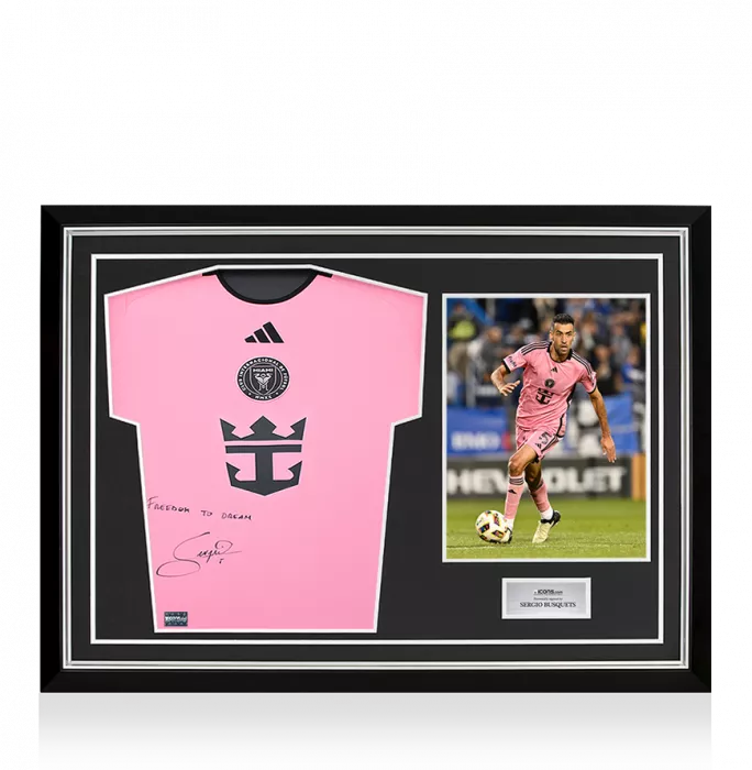 icons Sergio Busquets Front Signed Inter Miami CF 2024-25 Home Shirt - "Freedom to Dream" Inscription In Hero Frame: Option 1