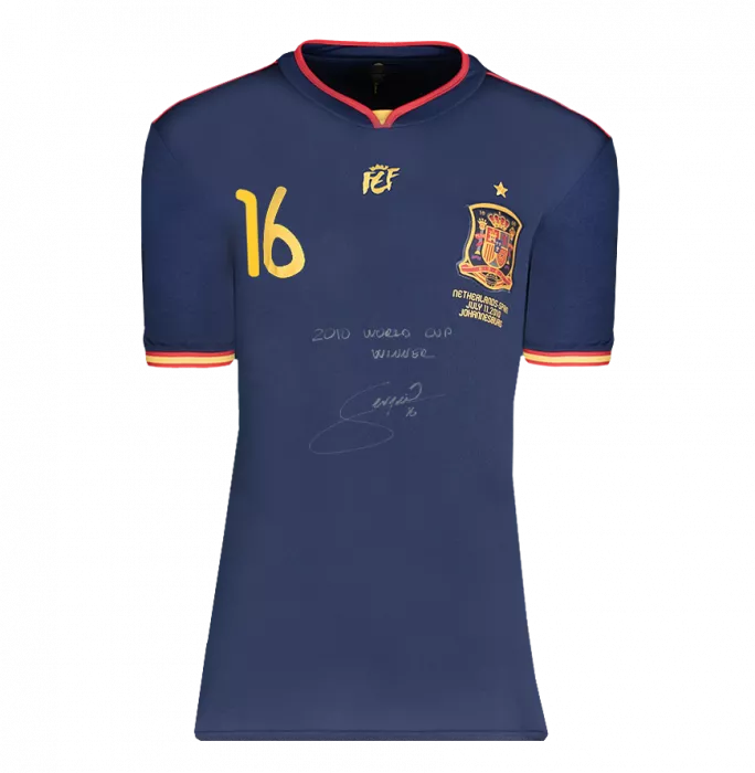 Icons Sergio Busquets Front Signed Spain 2010 Away Shirt - "2010 World Cup Winner" Inscription In Hero Frame: Option 1
