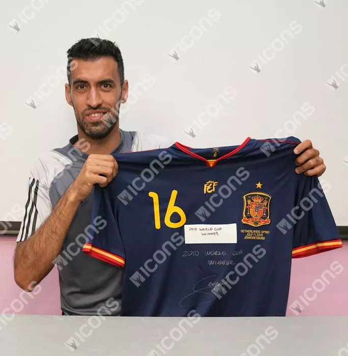 Icons Sergio Busquets Front Signed Spain 2010 Away Shirt - "2010 World Cup Winner" Inscription In Classic Frame
