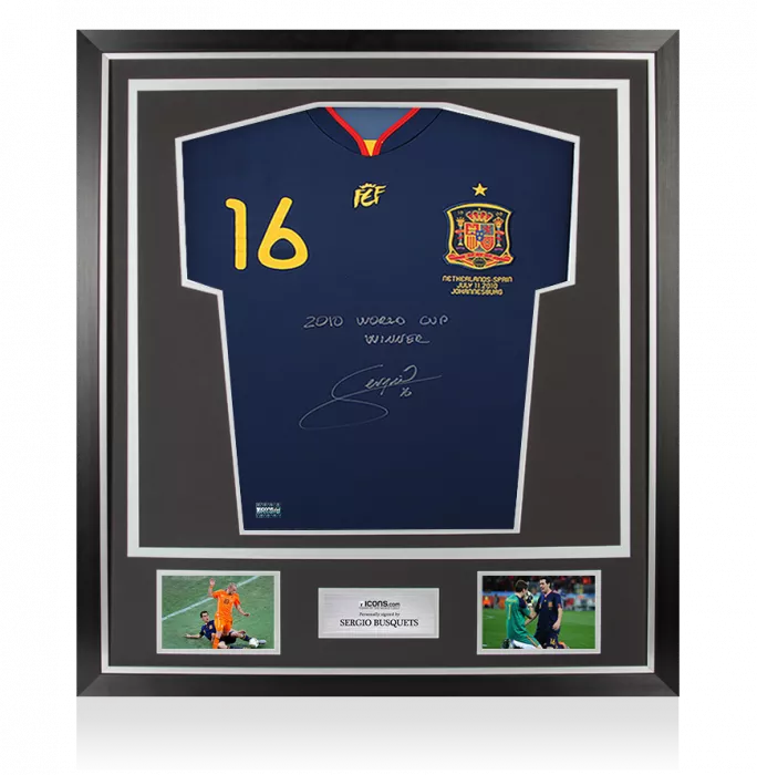 icons Sergio Busquets Front Signed Spain 2010 Away Shirt - "2010 World Cup Winner" Inscription In Classic Frame