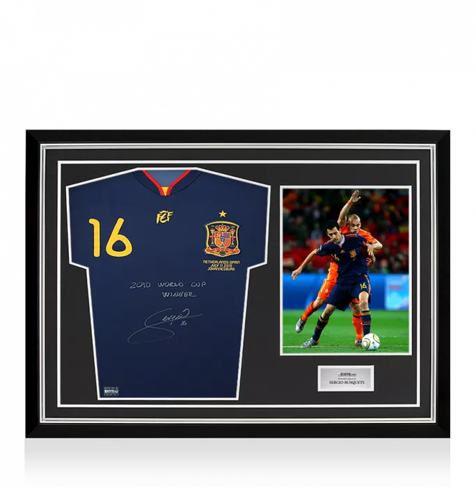 icons Sergio Busquets Front Signed Spain 2010 Away Shirt - "2010 World Cup Winner" Inscription In Hero Frame: Option 1