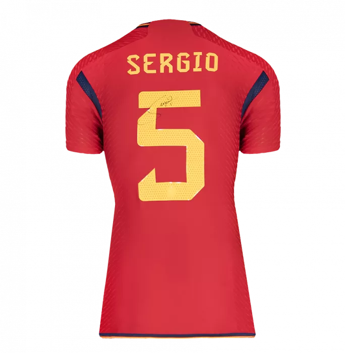 Icons Sergio Busquets Official 2022 FIFA World Cup™ Back Signed And Framed Spain 2022-23 Home Shirt