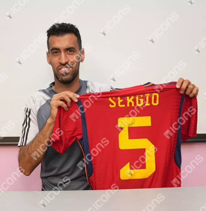 Icons Sergio Busquets Official 2022 FIFA World Cup™ Back Signed And Framed Spain 2022-23 Home Shirt