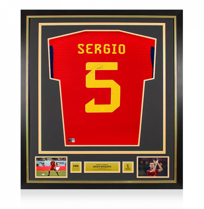 icons Sergio Busquets Official 2022 FIFA World Cup™ Back Signed and Framed Spain 2022-23 Home Shirt