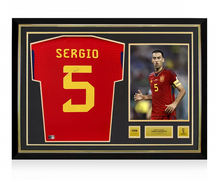 icons Sergio Busquets Official 2022 FIFA World Cup™ Back Signed and Hero Framed Spain 2022-23 Home Shirt