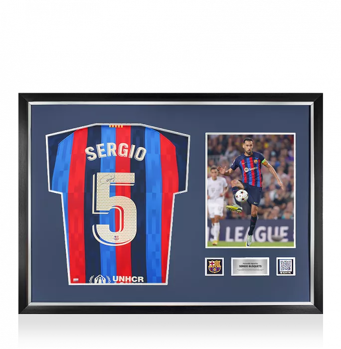 icons Sergio Busquets Official FC Barcelona Back Signed and Framed 2022-23 Home Shirt