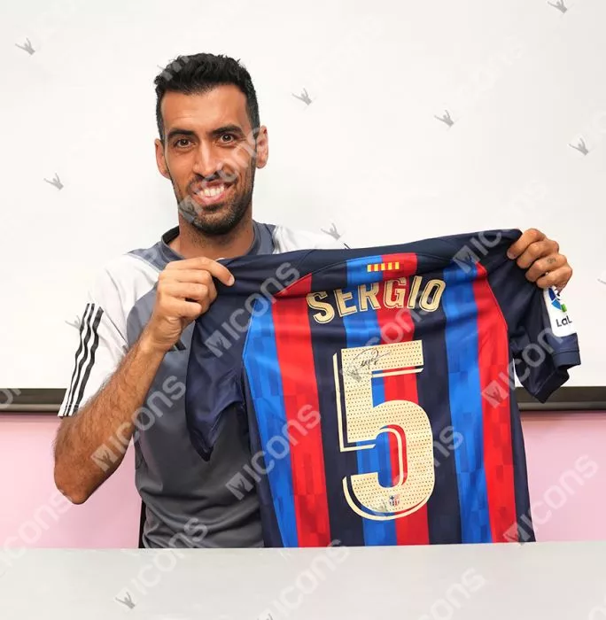 Icons Sergio Busquets Official UEFA Champions League Back Signed And Framed FC Barcelona 2022-23 Home Shirt