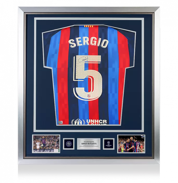 icons Sergio Busquets Official UEFA Champions League Back Signed and Framed FC Barcelona 2022-23 Home Shirt